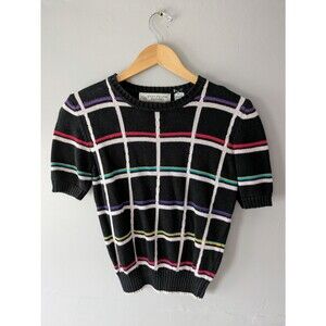 Vintage Evan Picone Petites sweater, black y2K striped, academia, Ramie, XS